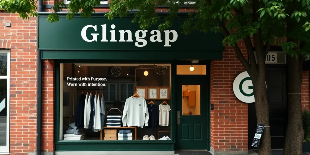 A cozy corner shop with a clean, minimalist facade. The upper storefront is painted in deep forest green—matching Glingap’s signature color—while the lower half is classic red brick for a timeless, handcrafted look. Bold white lettering across the green fascia spells “Glingap” in a clean, geometric sans-serif font, giving a strong yet friendly presence.