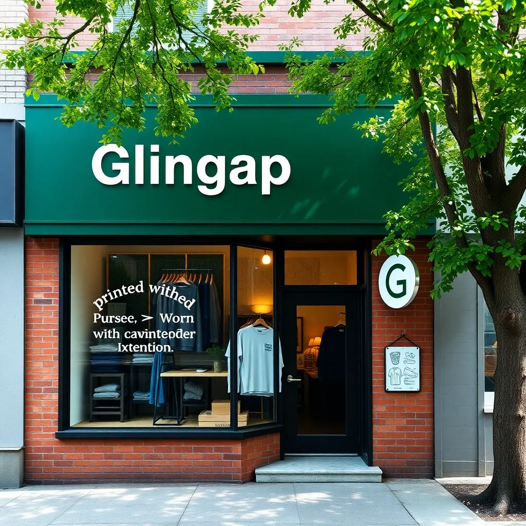 A cozy corner shop with a clean, minimalist facade. The upper storefront is painted in deep forest green—matching Glingap’s signature color—while the lower half is classic red brick for a timeless, handcrafted look. Bold white lettering across the green fascia spells “Glingap” in a clean, geometric sans-serif font, giving a strong yet friendly presence.